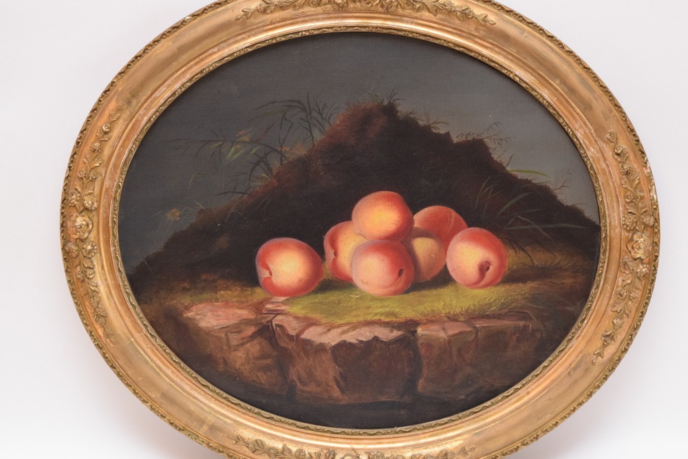 German Romantic School Oil on Canvas "Still Life with Peaches on a Cliff" c. 1850