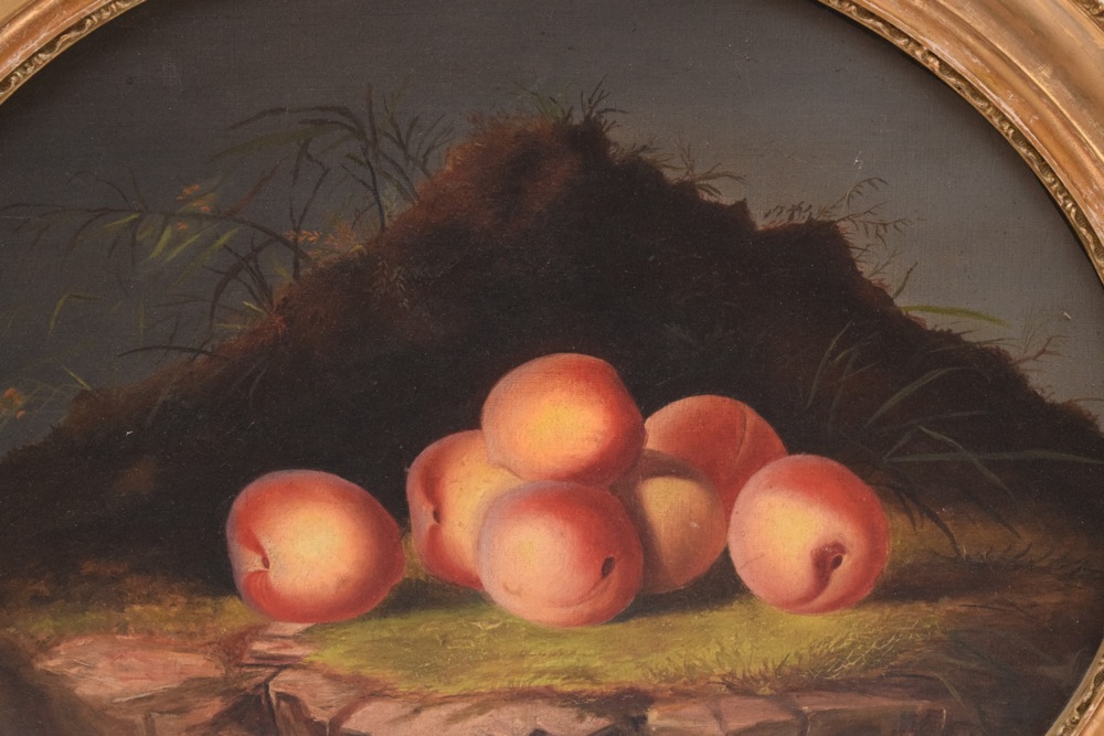 German Romantic School Oil on Canvas "Still Life with Peaches on a Cliff" c. 1850