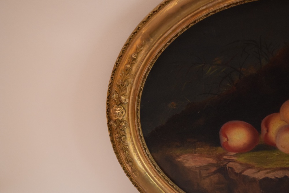 German Romantic School Oil on Canvas "Still Life with Peaches on a Cliff" c. 1850
