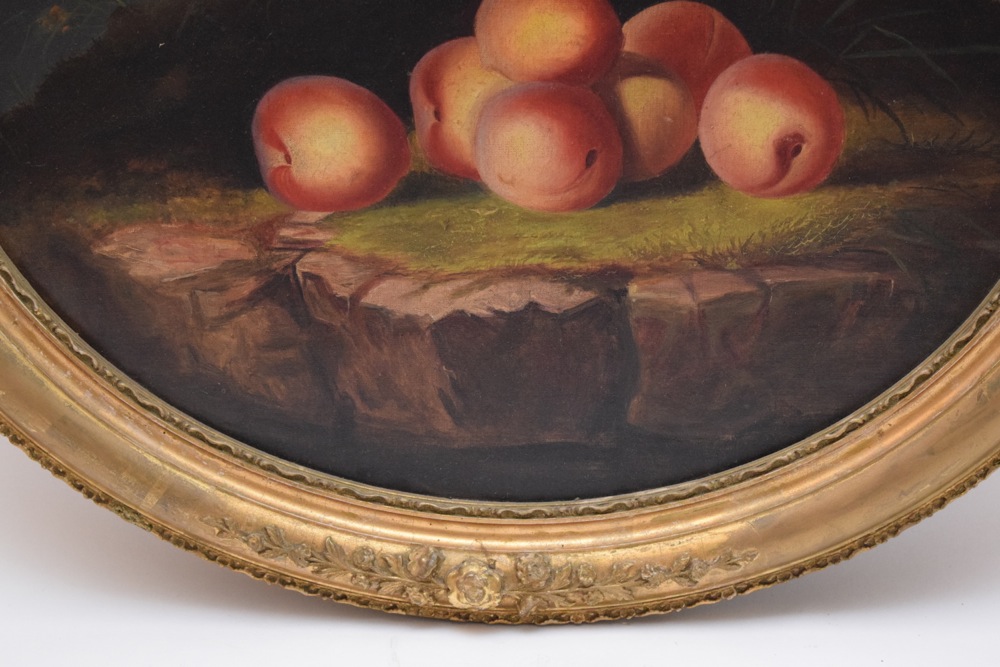 German Romantic School Oil on Canvas "Still Life with Peaches on a Cliff" c. 1850