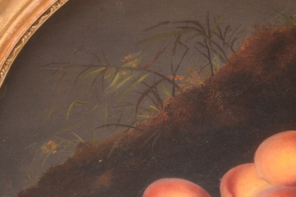 German Romantic School Oil on Canvas "Still Life with Peaches on a Cliff" c. 1850