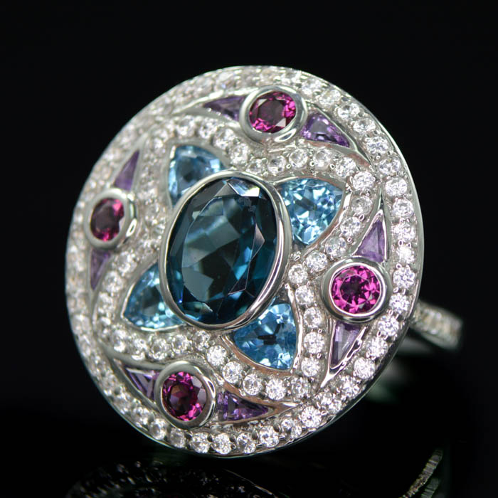 Robert Manse Sterling Silver Blue and White Topaz with Rhodolite and Amethyst Ring