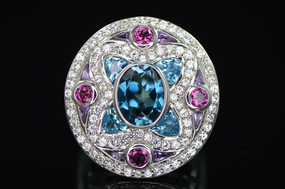 Robert Manse Sterling Silver Blue and White Topaz with Rhodolite and Amethyst Ring