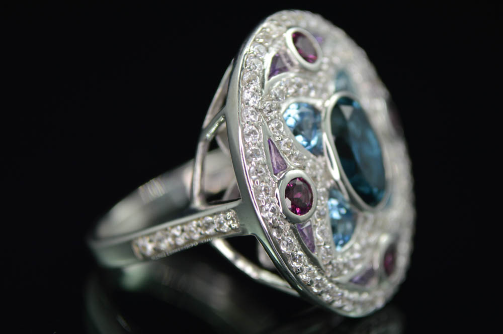Robert Manse Sterling Silver Blue and White Topaz with Rhodolite and Amethyst Ring