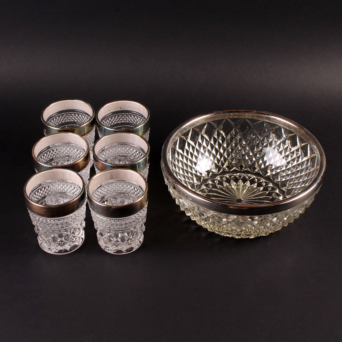 Silver Rimmed Pressed Glass Bowl and Cups
