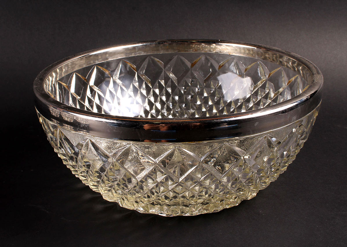 Silver Rimmed Pressed Glass Bowl and Cups
