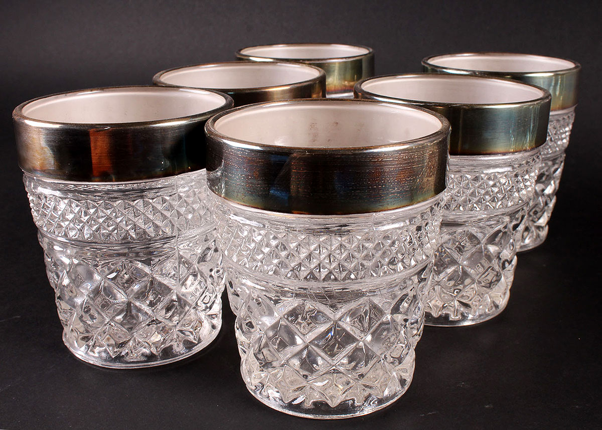 Silver Rimmed Pressed Glass Bowl and Cups