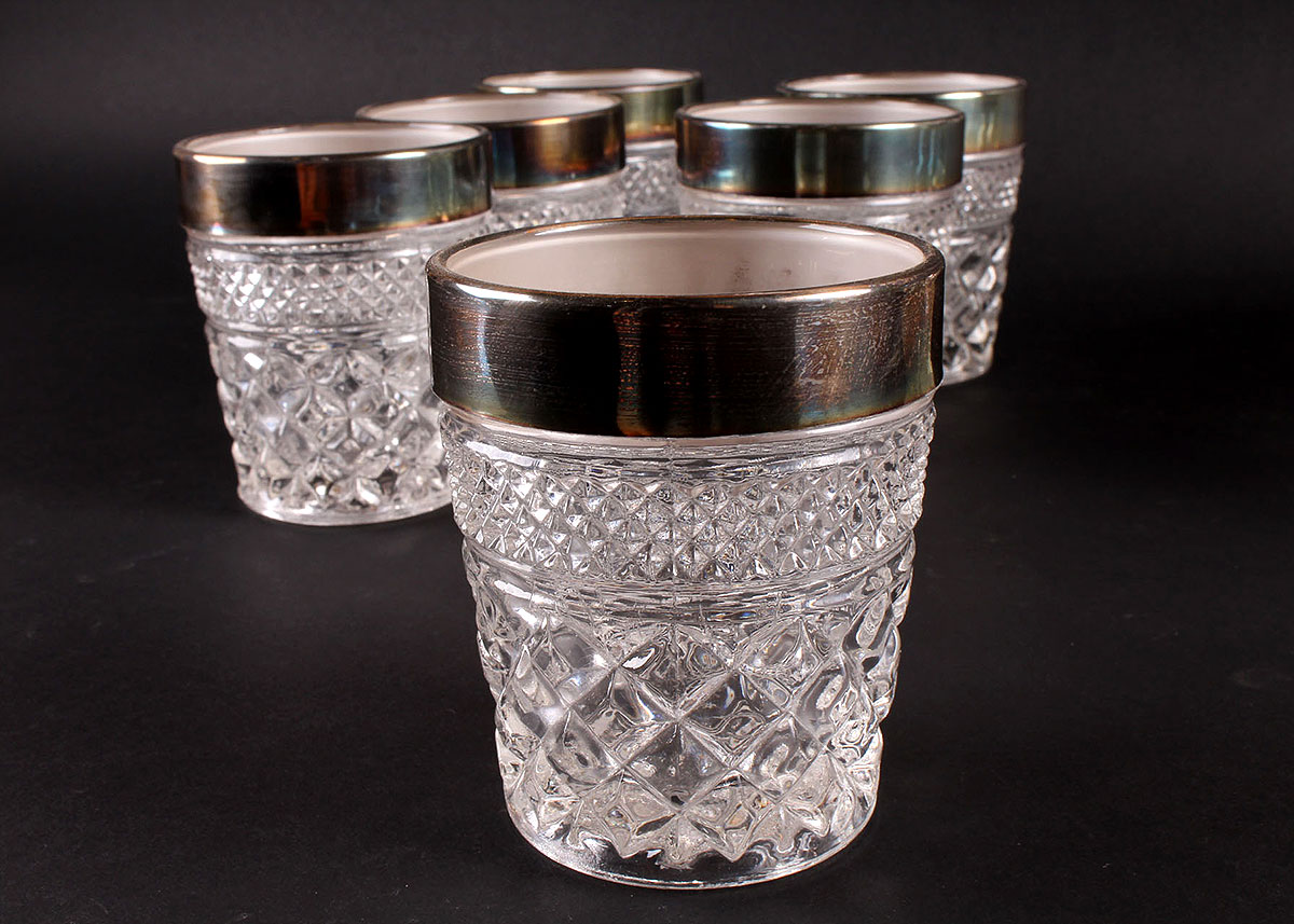 Silver Rimmed Pressed Glass Bowl and Cups