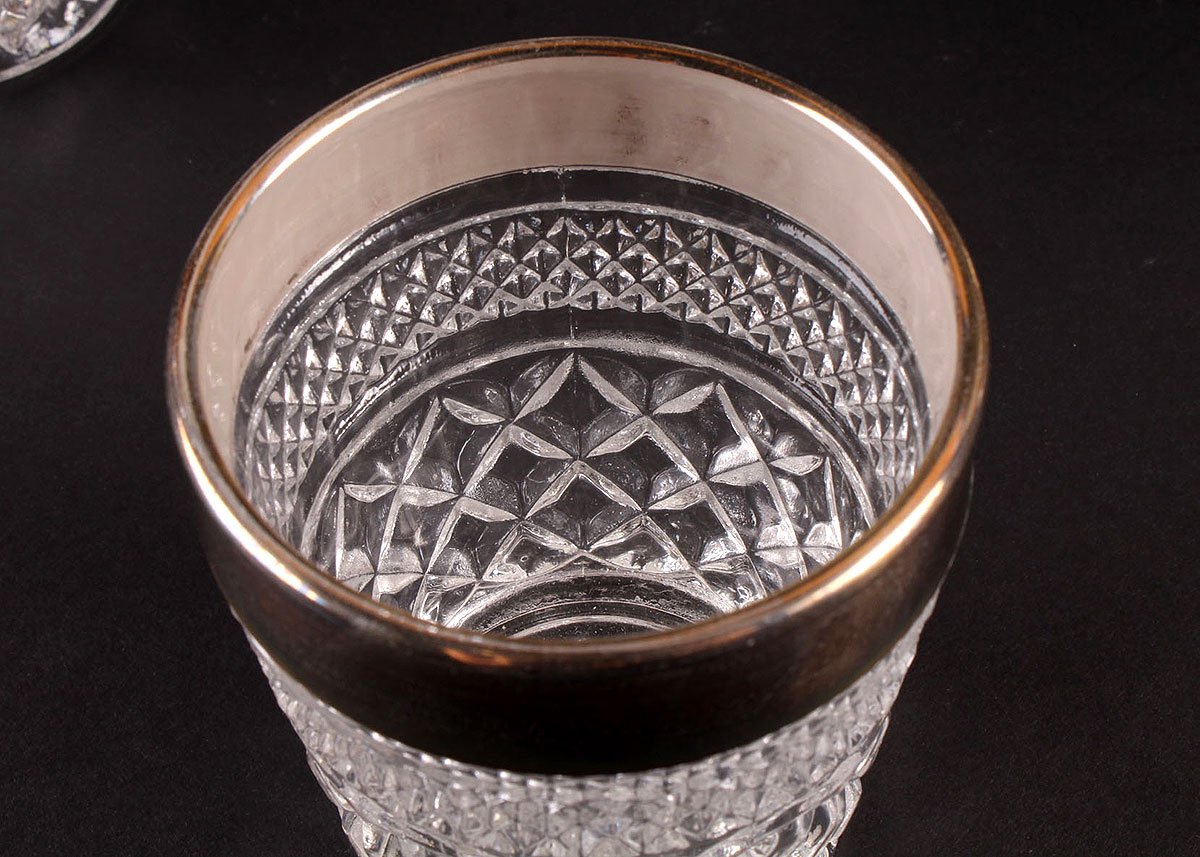 Silver Rimmed Pressed Glass Bowl and Cups