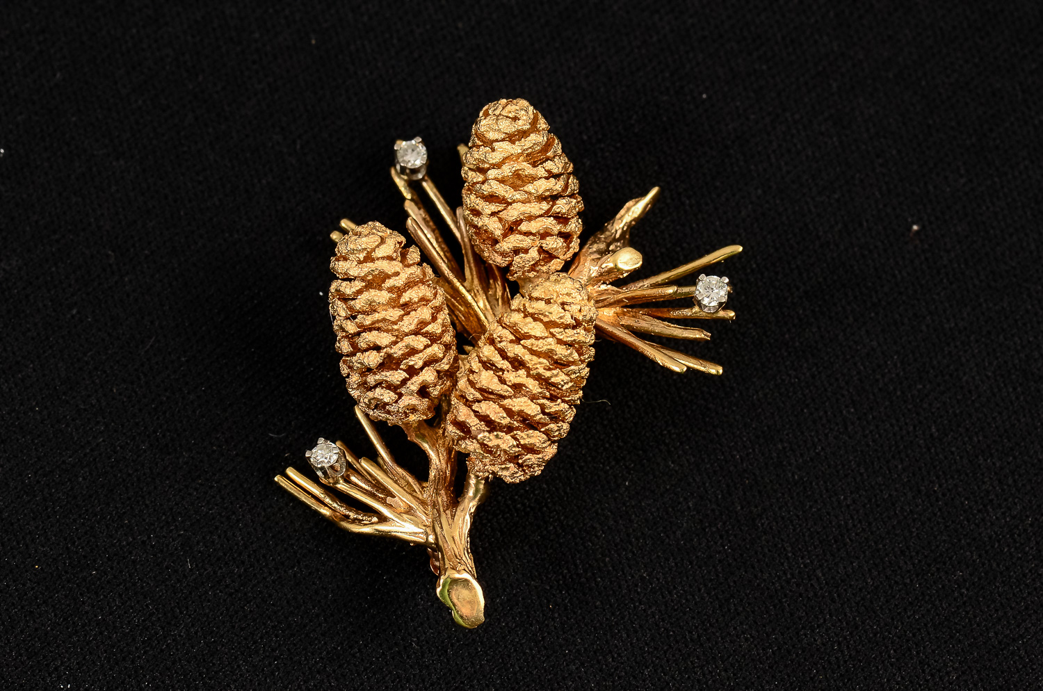 Yellow Gold Pine Cone Brooch and Earring Set