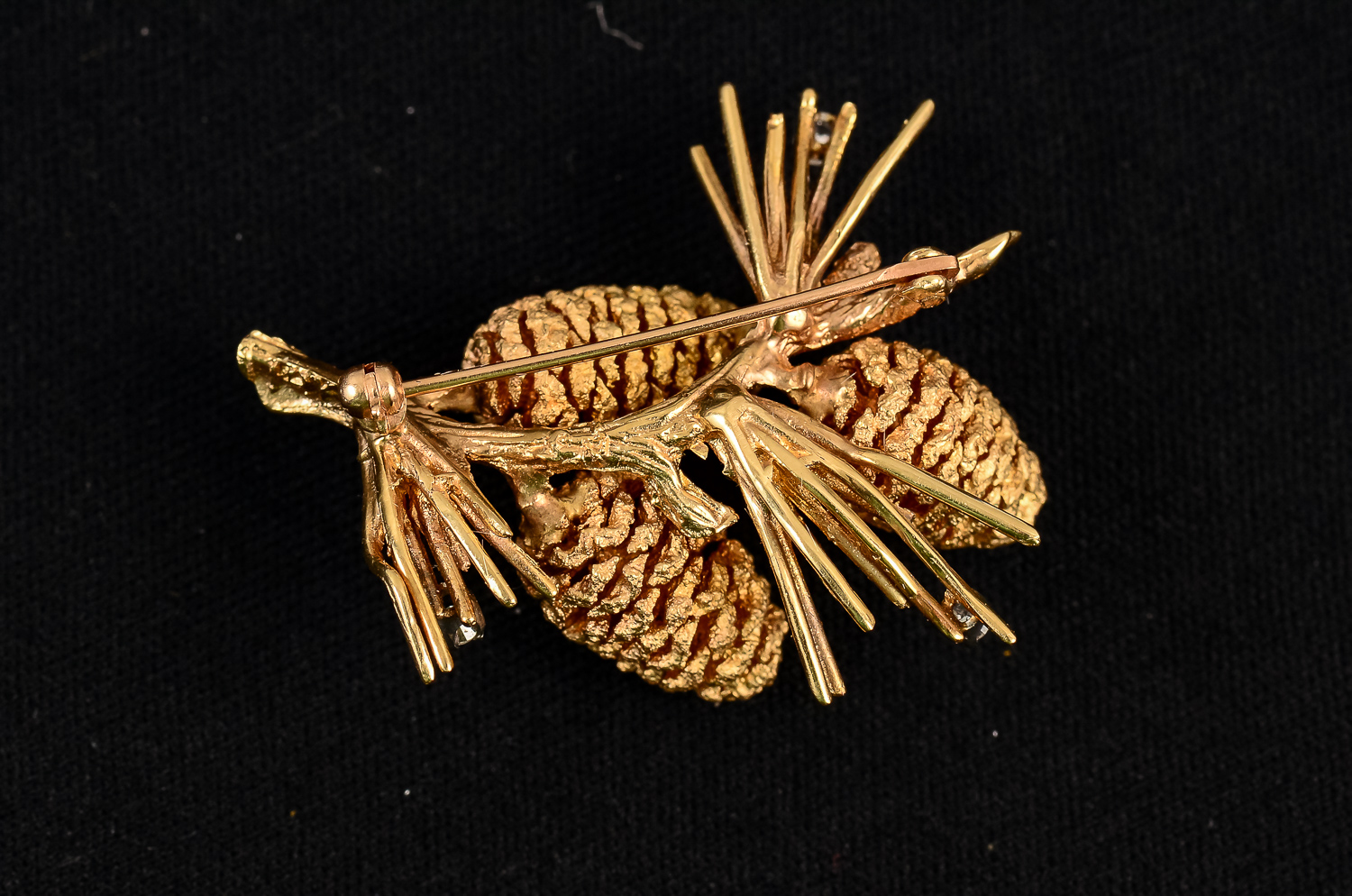 Yellow Gold Pine Cone Brooch and Earring Set