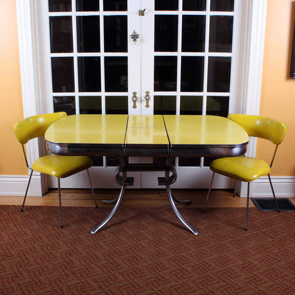 Retro 1950s Era Yellow Formica and Chrome Dining Table with Chairs