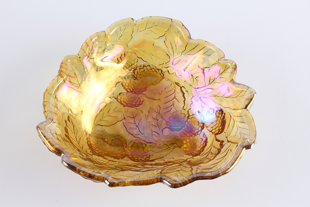 Amber Carnival Glass Leaf and Berry Bowl with Ruffle Dish