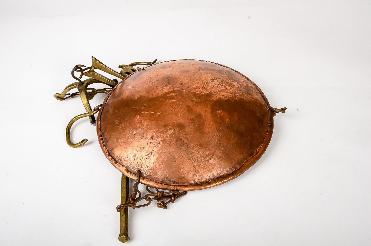 Copper and Brass "Roman" Hanging Scale with Beam, Weight and Pan
