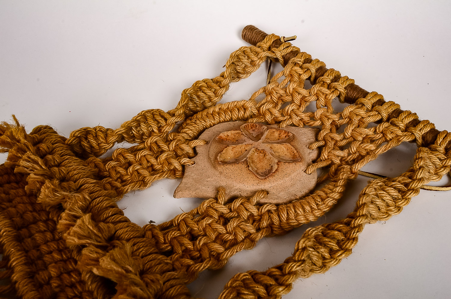 Vintage Hemp Woven Wall Hanging and Decorative Wood Cross Section