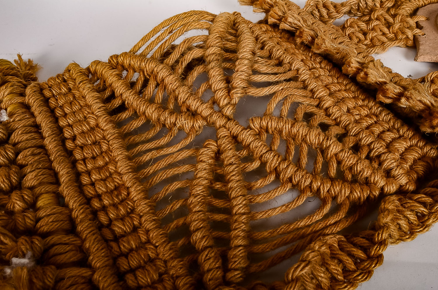 Vintage Hemp Woven Wall Hanging and Decorative Wood Cross Section