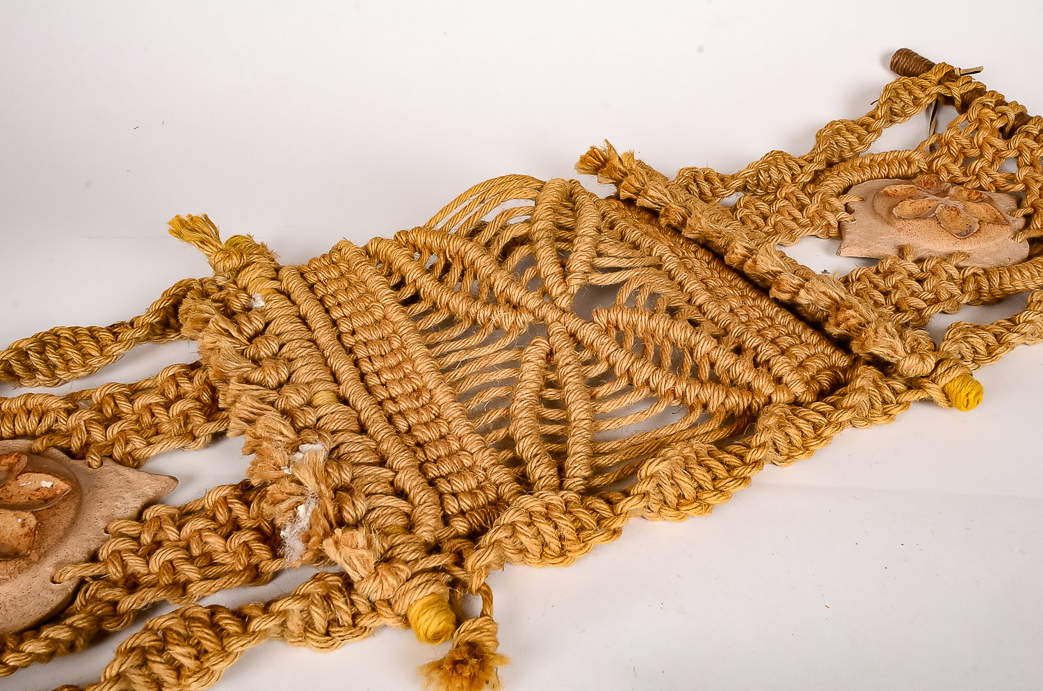 Vintage Hemp Woven Wall Hanging and Decorative Wood Cross Section