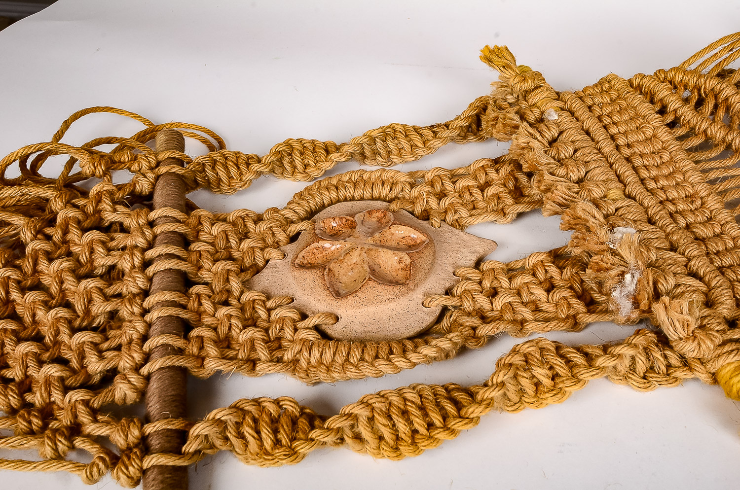 Vintage Hemp Woven Wall Hanging and Decorative Wood Cross Section