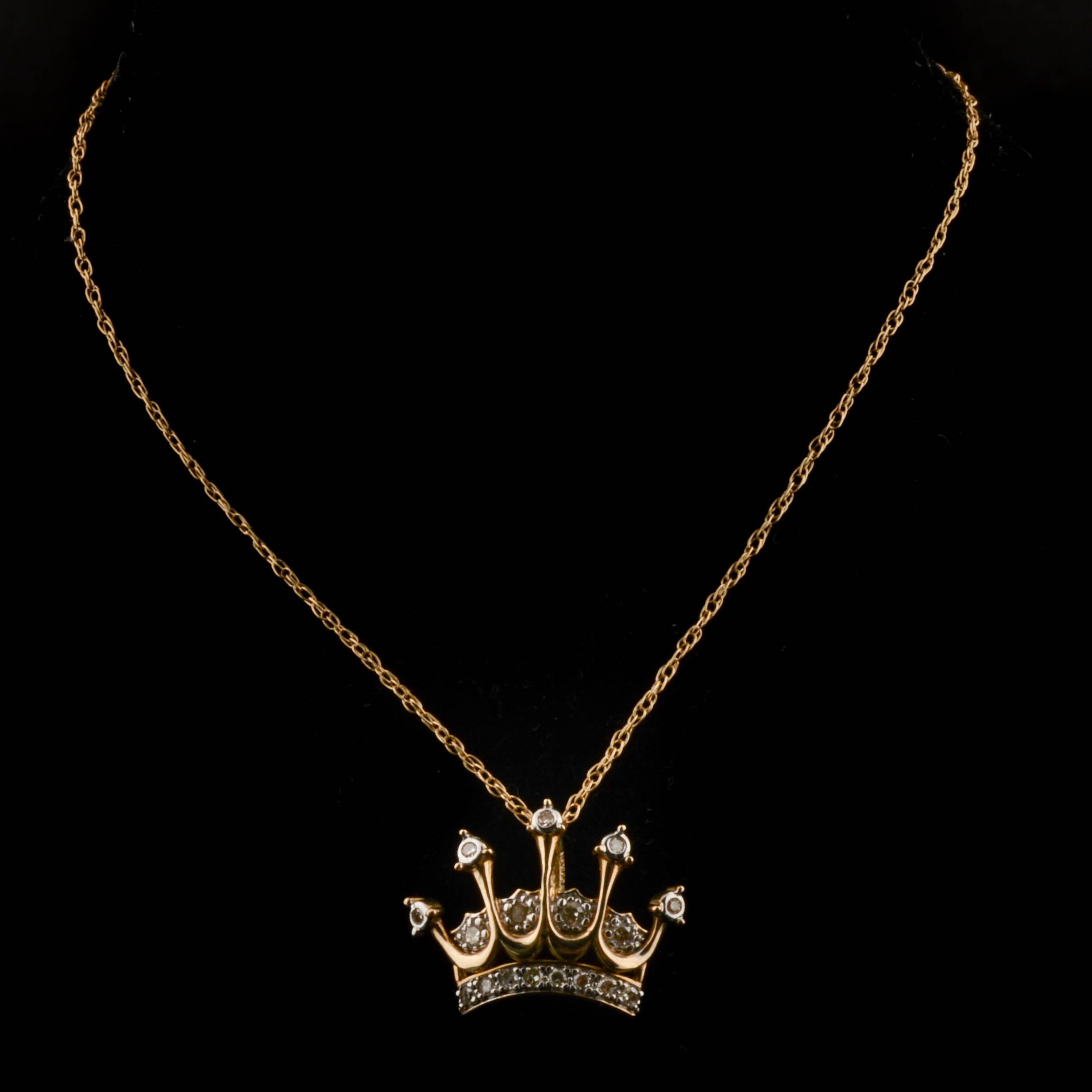 10K Yellow Gold Diamond Crown Pendant with Chain