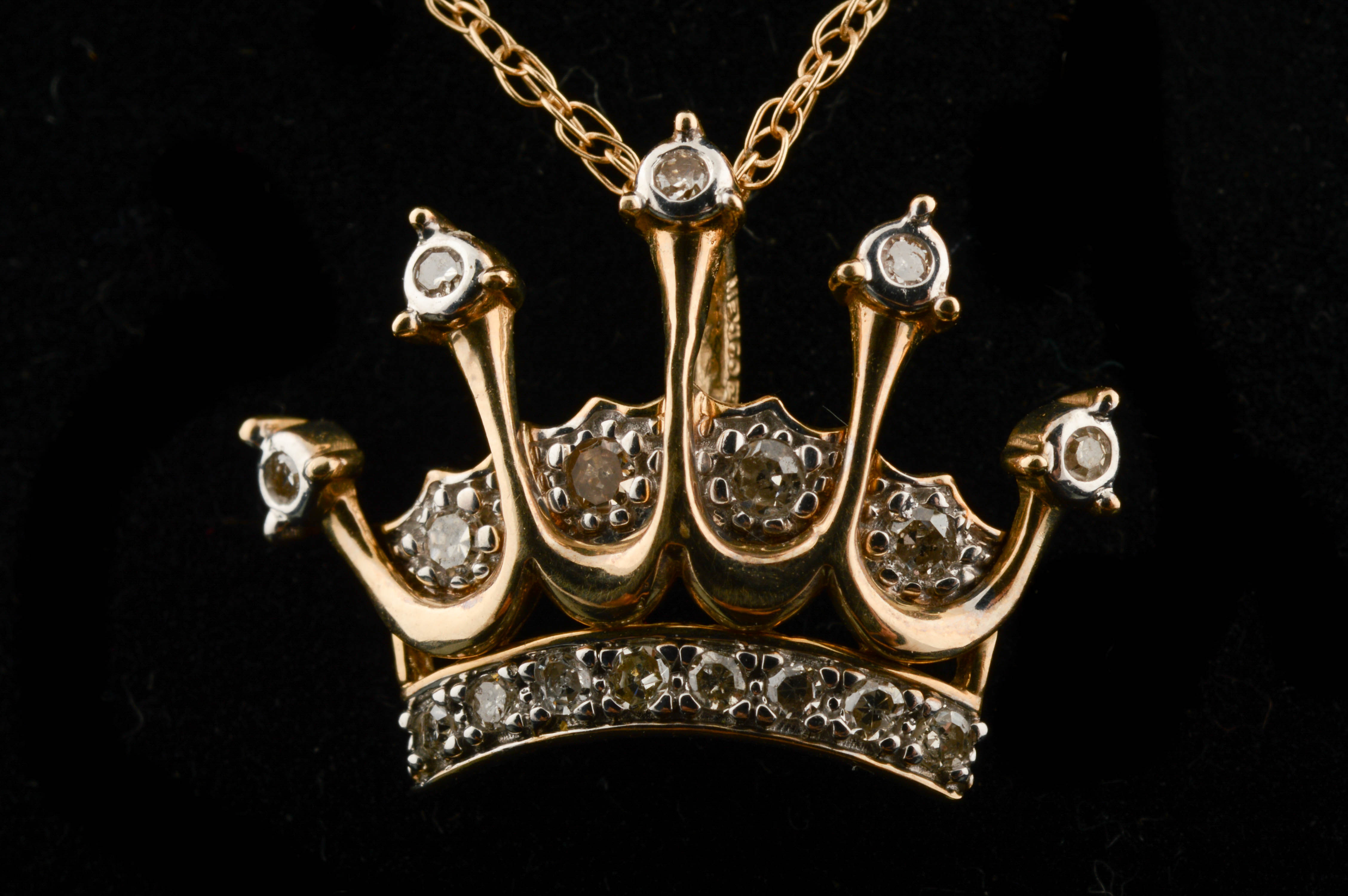 10K Yellow Gold Diamond Crown Pendant with Chain