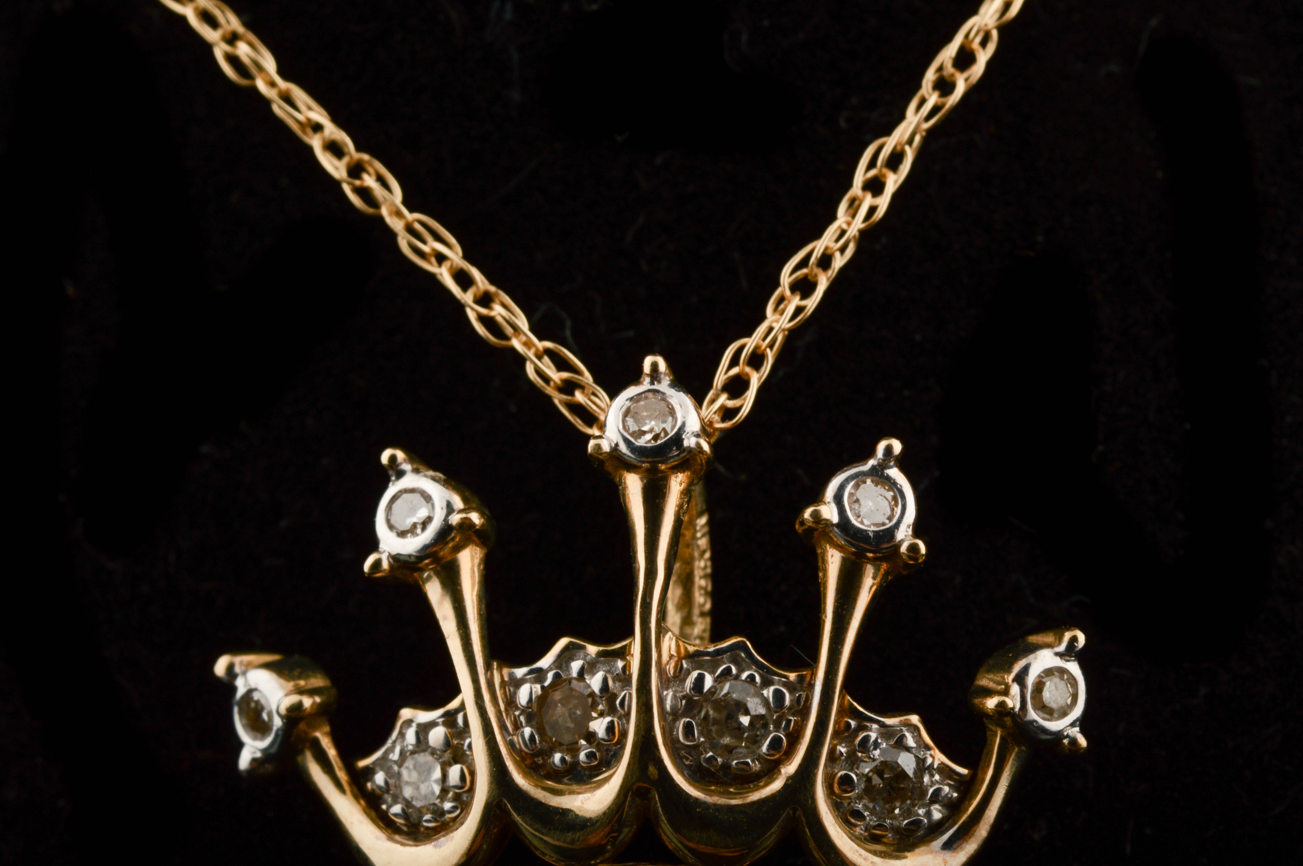 10K Yellow Gold Diamond Crown Pendant with Chain