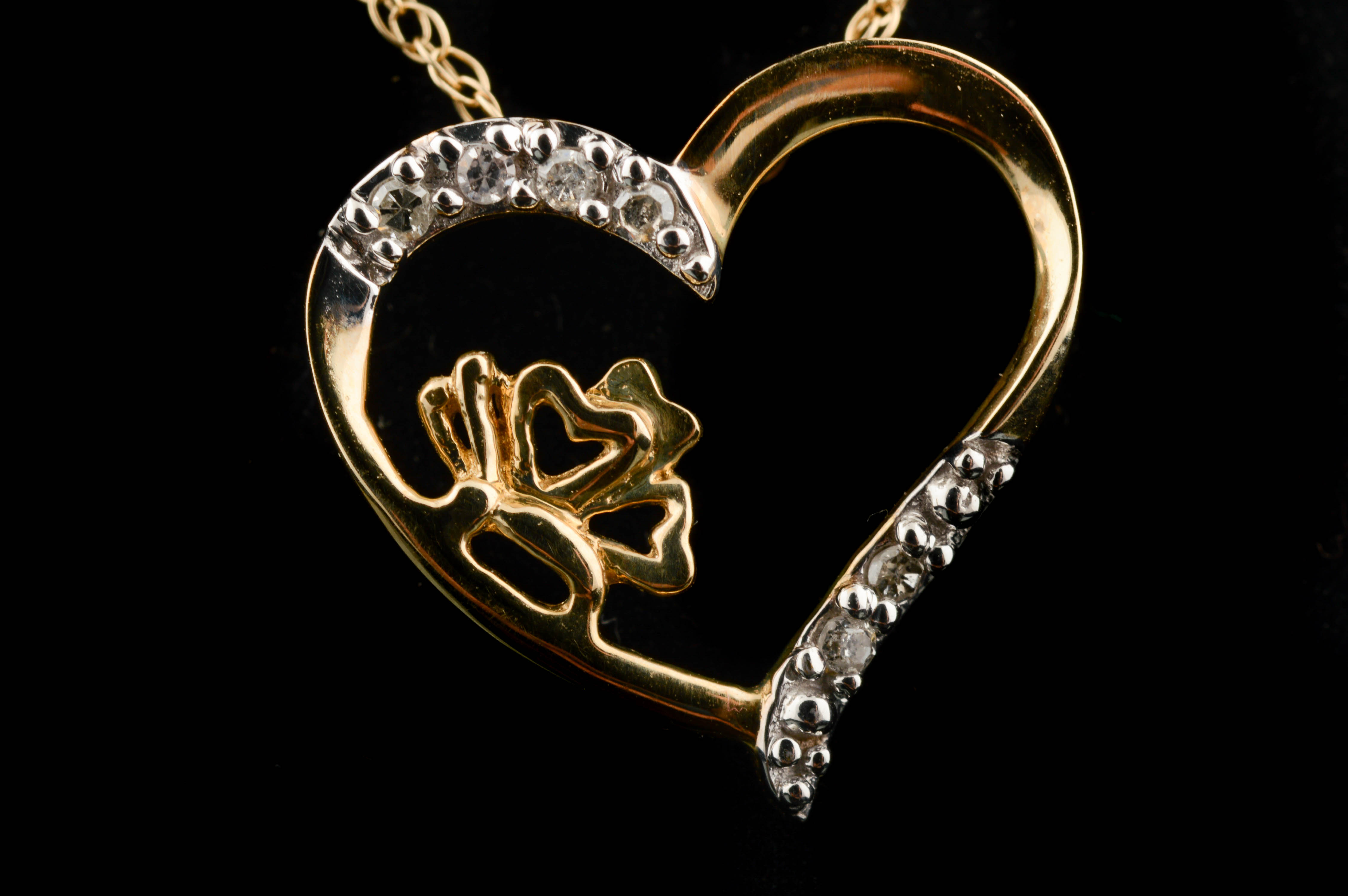 10K Yellow Gold and Diamond Heart Pendant and Chain