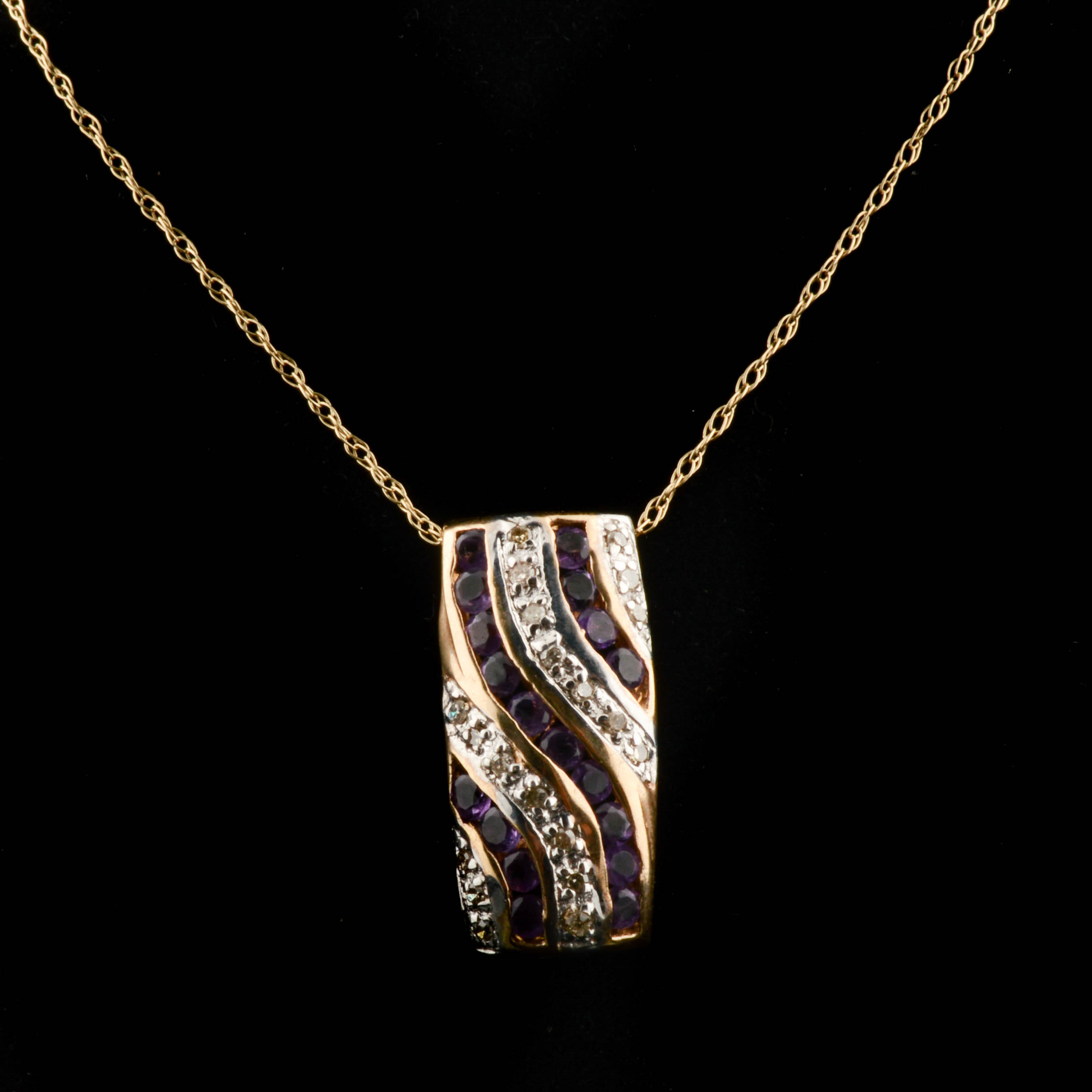 10K Yellow Gold Diamond and Amethyst Pendant Necklace