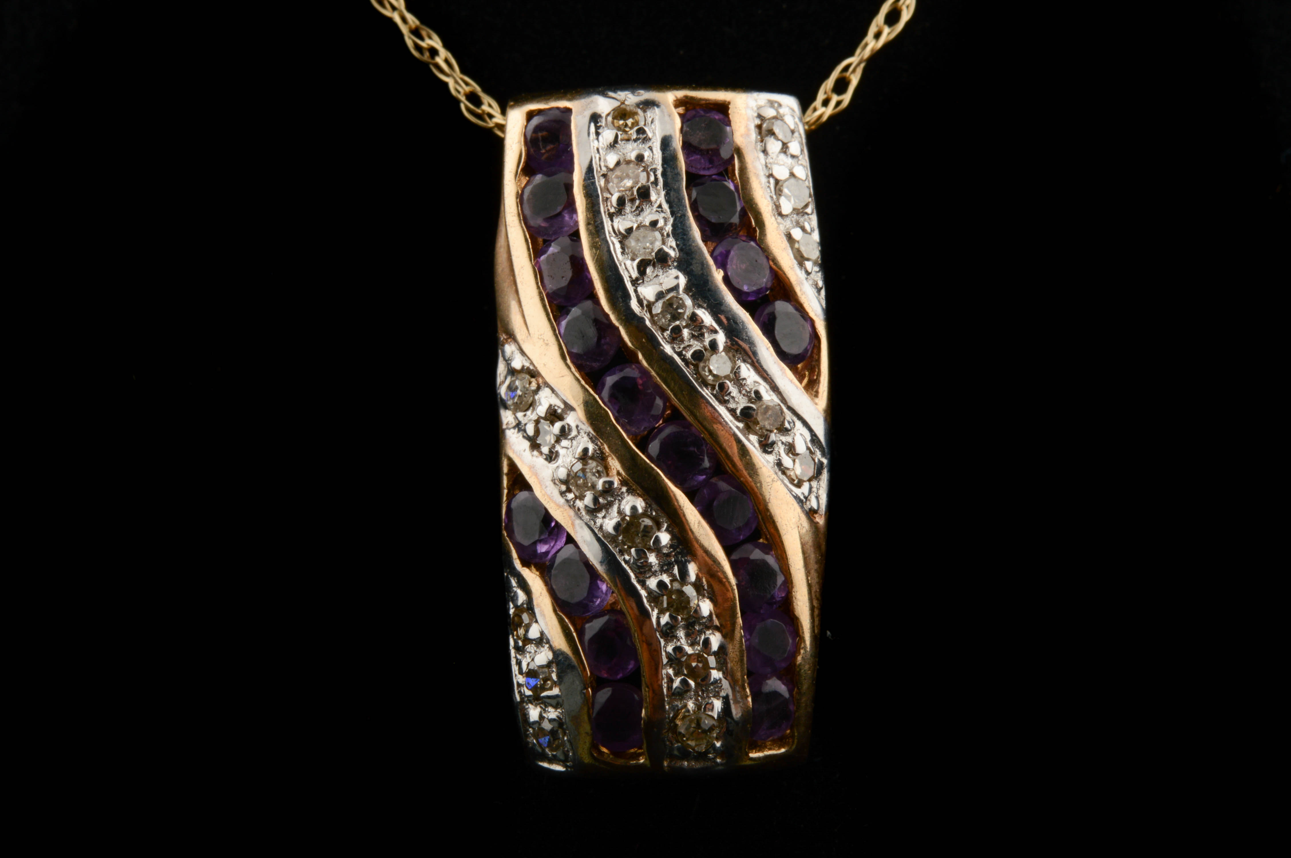 10K Yellow Gold Diamond and Amethyst Pendant Necklace