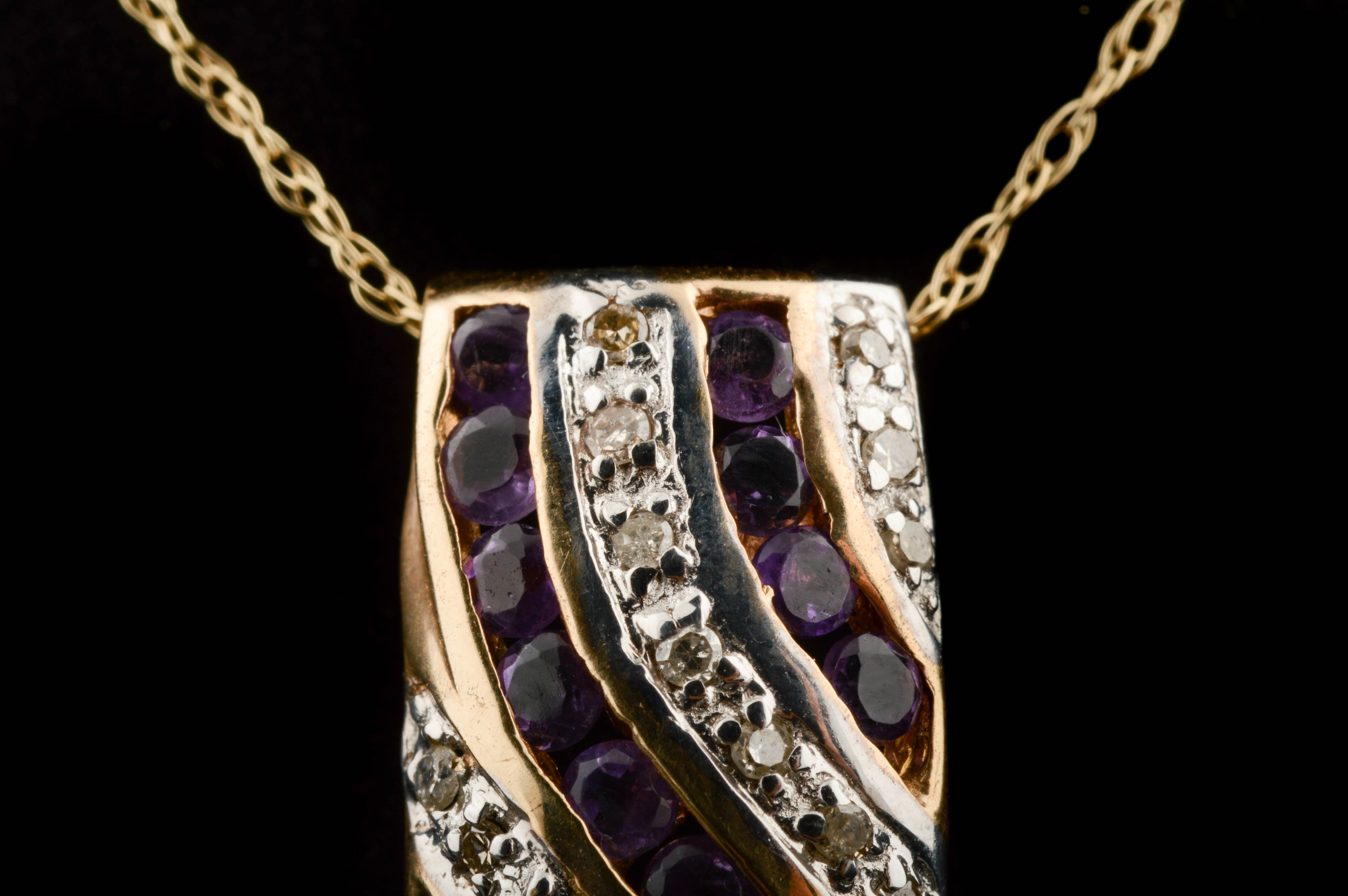 10K Yellow Gold Diamond and Amethyst Pendant Necklace