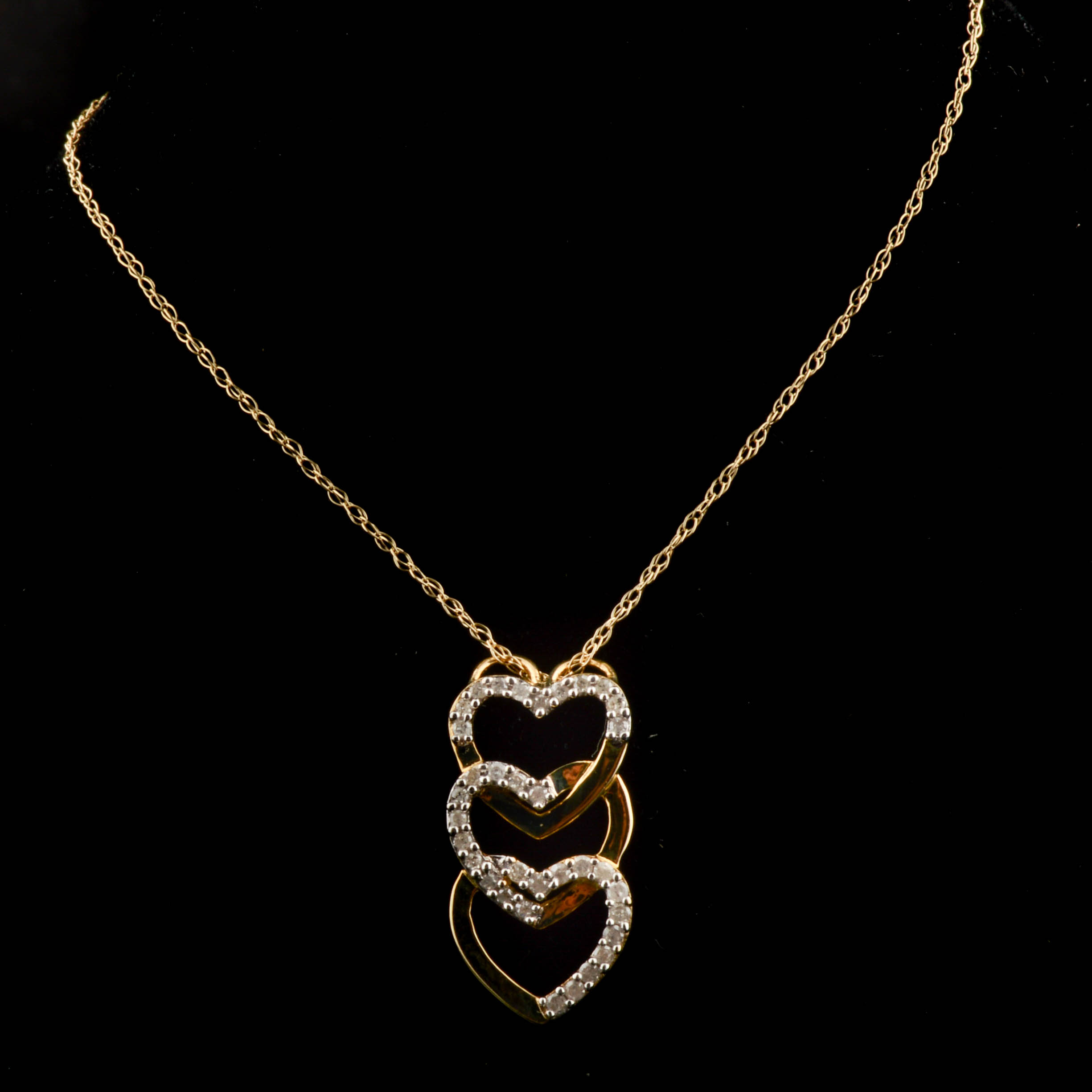 10K Yellow Gold and Diamond Triple Heart Pendant