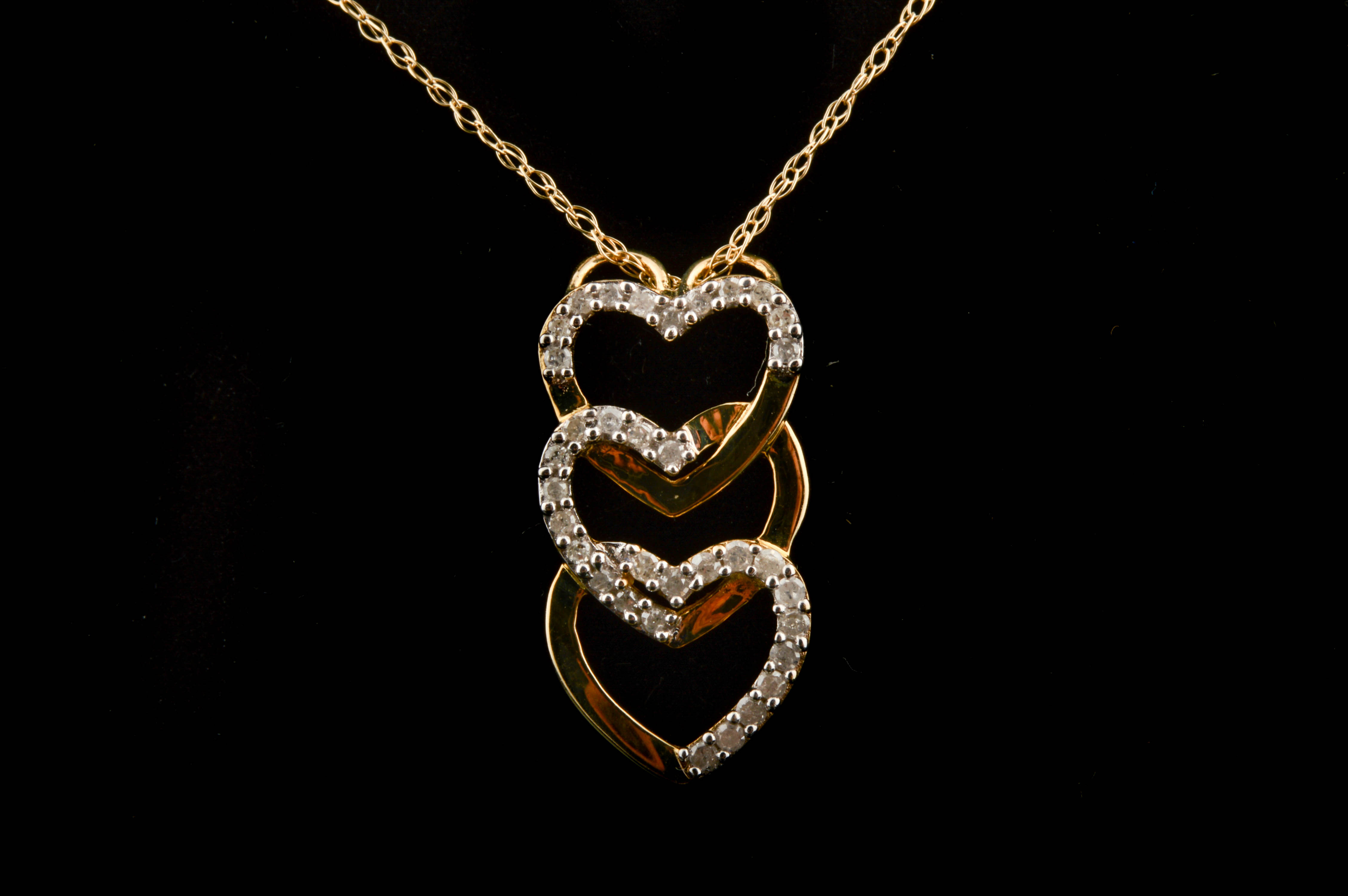10K Yellow Gold and Diamond Triple Heart Pendant