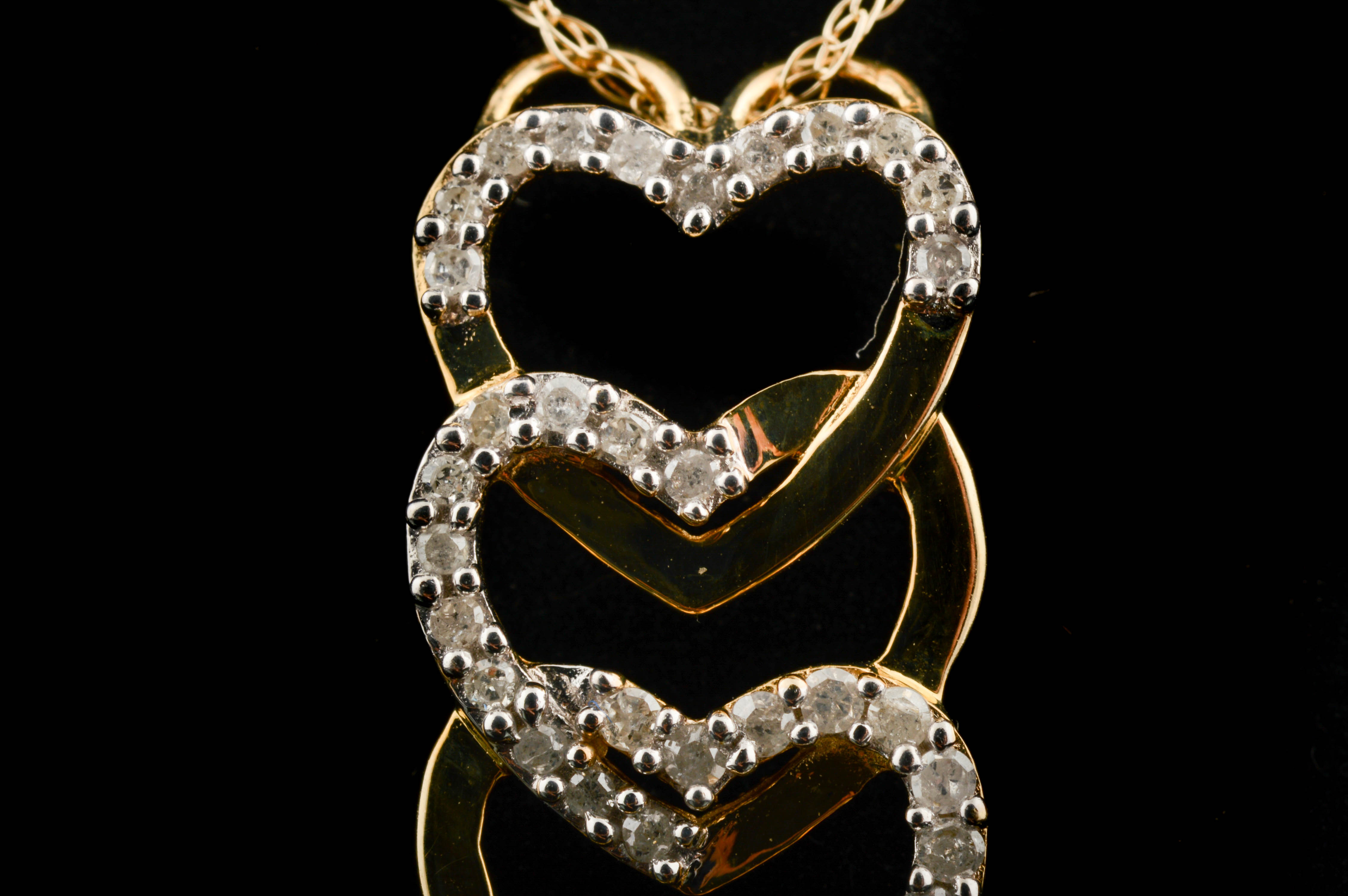 10K Yellow Gold and Diamond Triple Heart Pendant