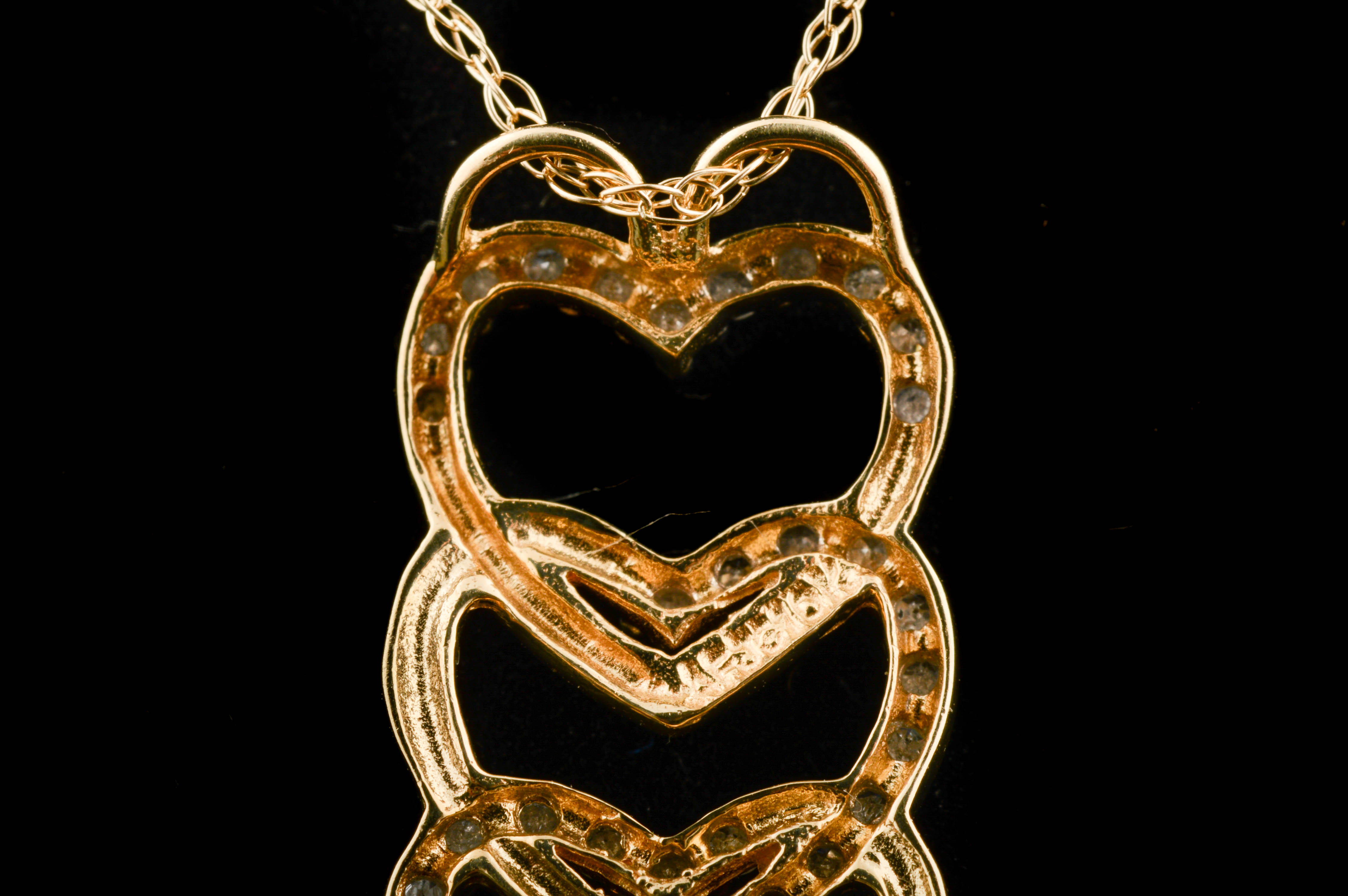 10K Yellow Gold and Diamond Triple Heart Pendant