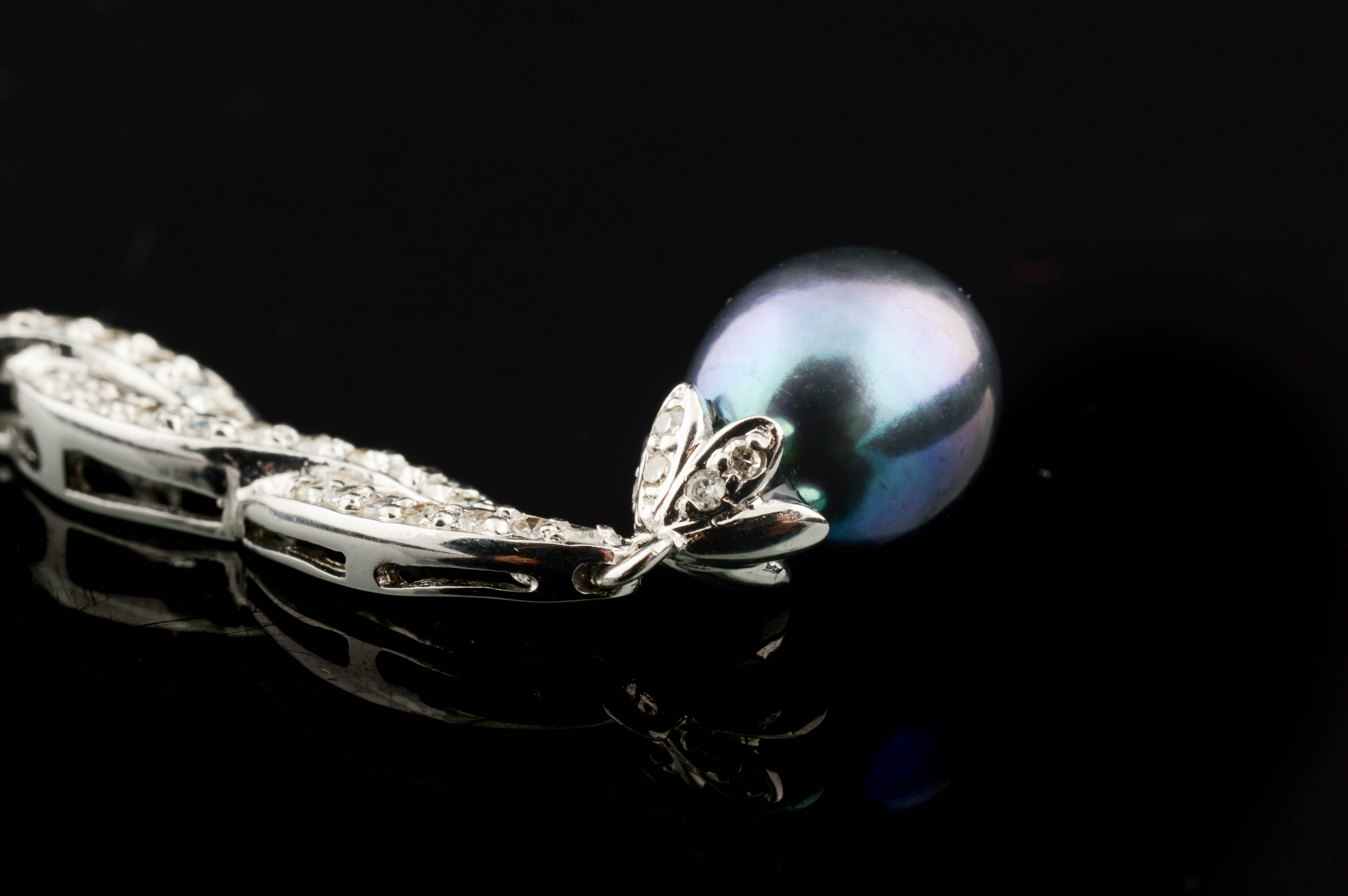 14K White Gold Diamond and Black Pearl Pendant