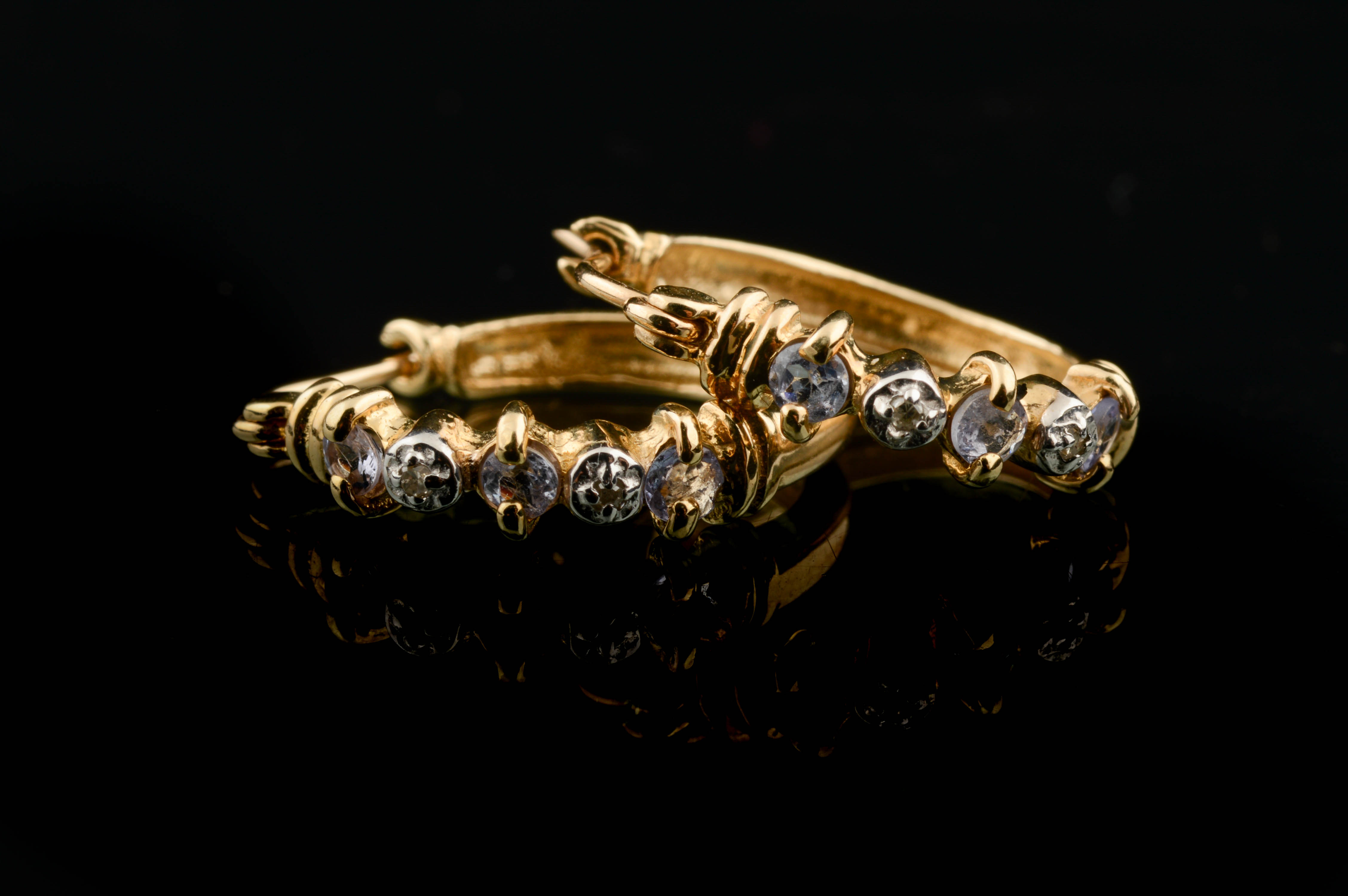 14K Yellow Gold Diamond and Tanzanite Hoop Earrings