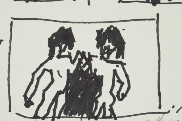 Robert Goodnough Marker Drawing "Cave Men and Dinosaur"