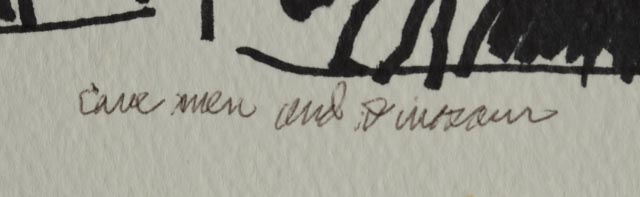 Robert Goodnough Marker Drawing "Cave Men and Dinosaur"