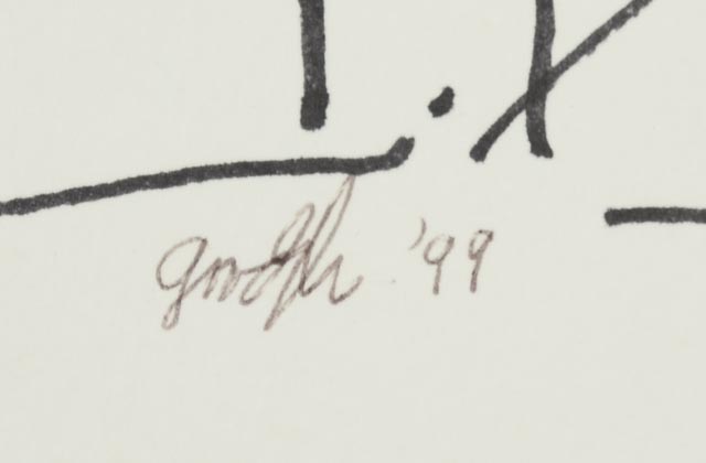 Robert Goodnough Marker Drawing "Cave Men and Dinosaur"