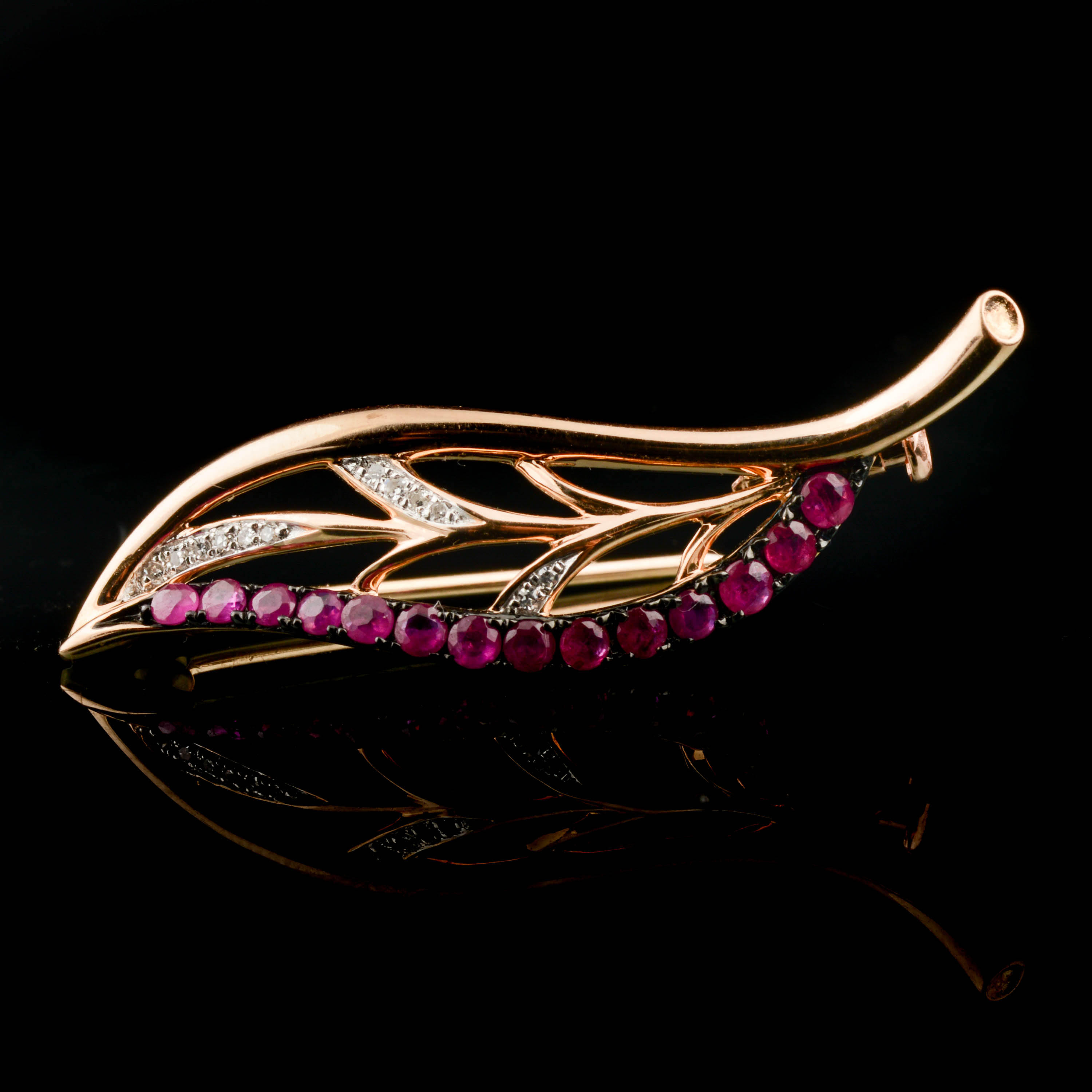 14K Yellow Gold Leaf Pin with Rubies and Diamonds