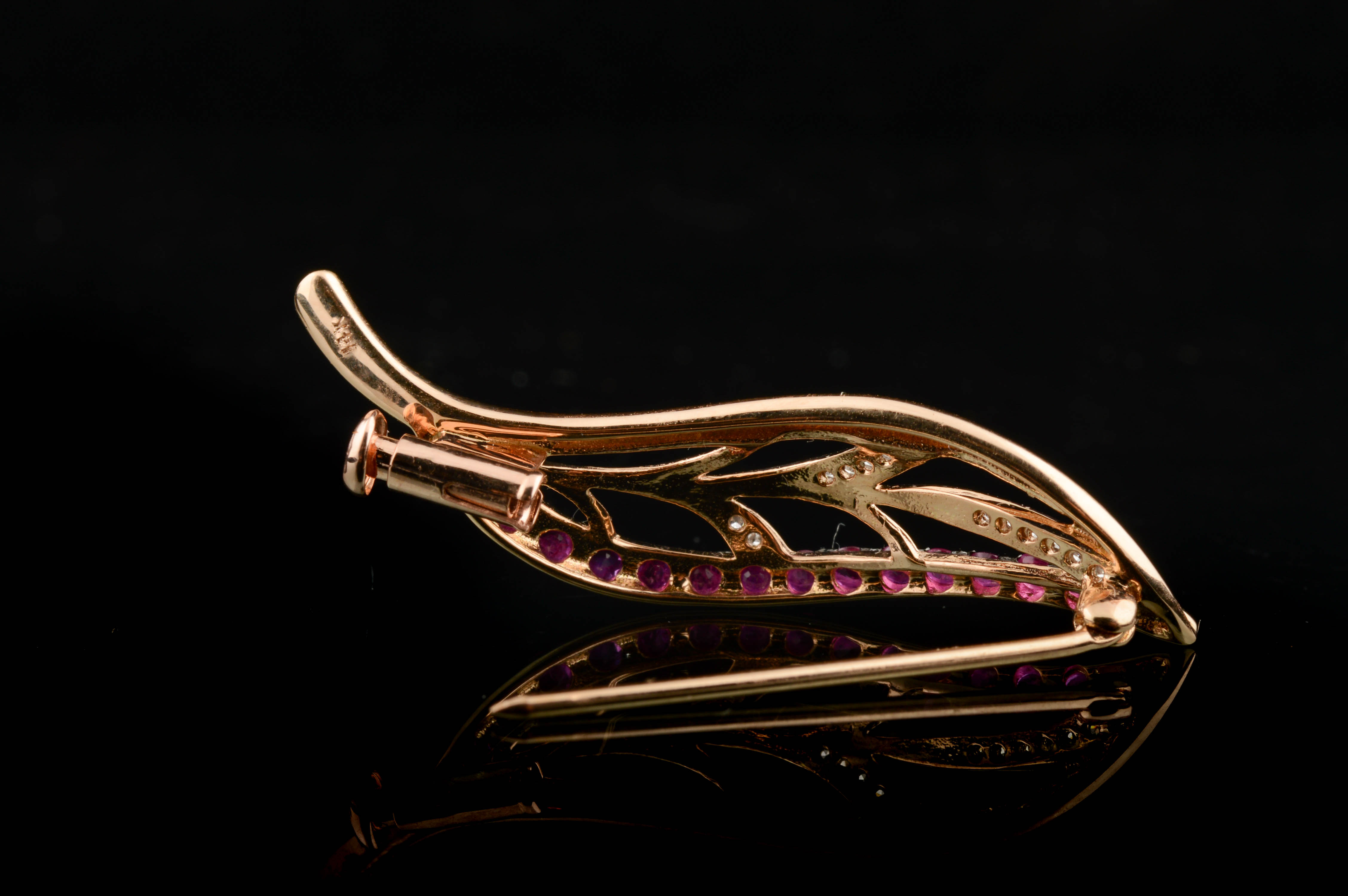 14K Yellow Gold Leaf Pin with Rubies and Diamonds