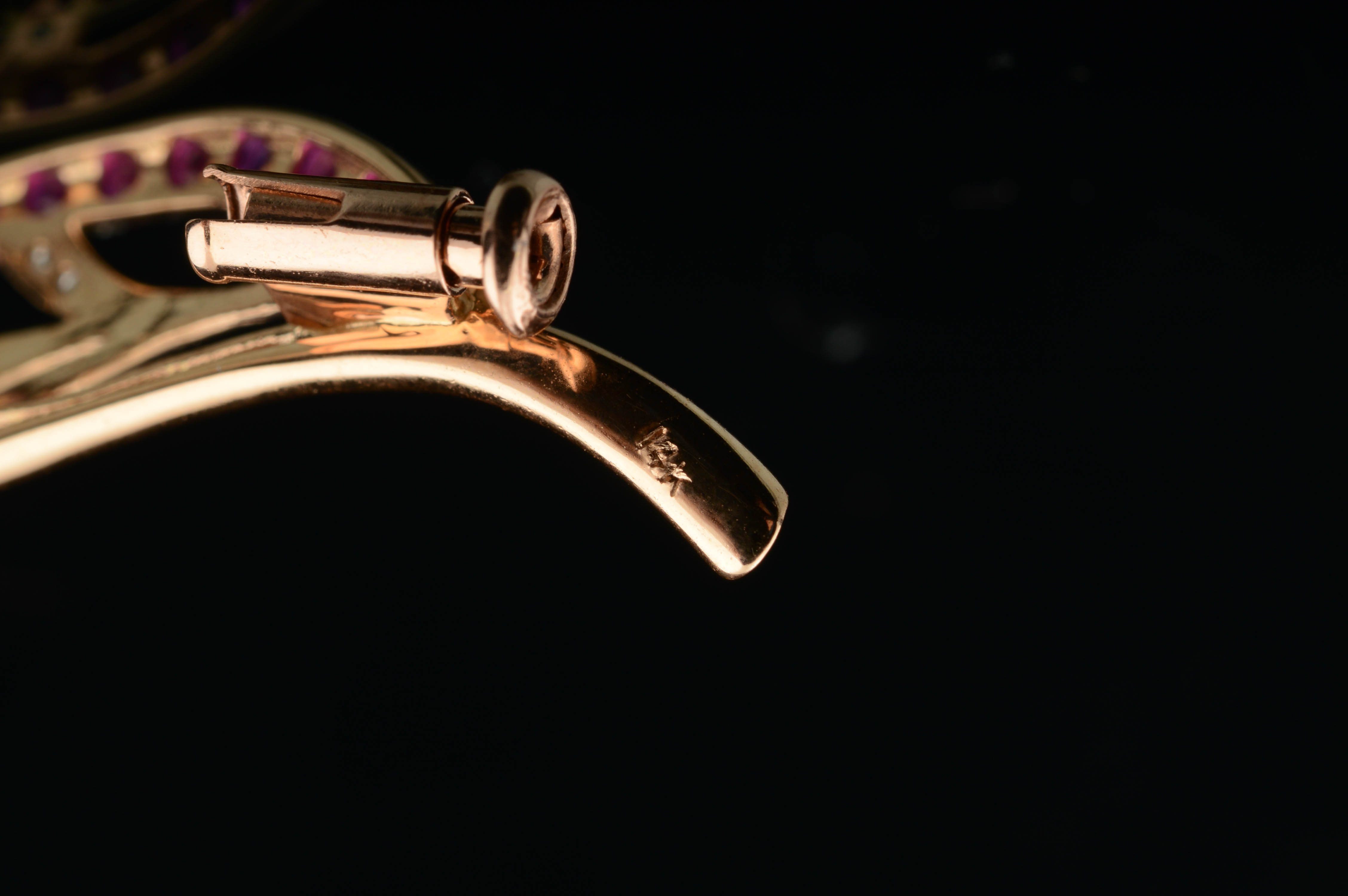 14K Yellow Gold Leaf Pin with Rubies and Diamonds