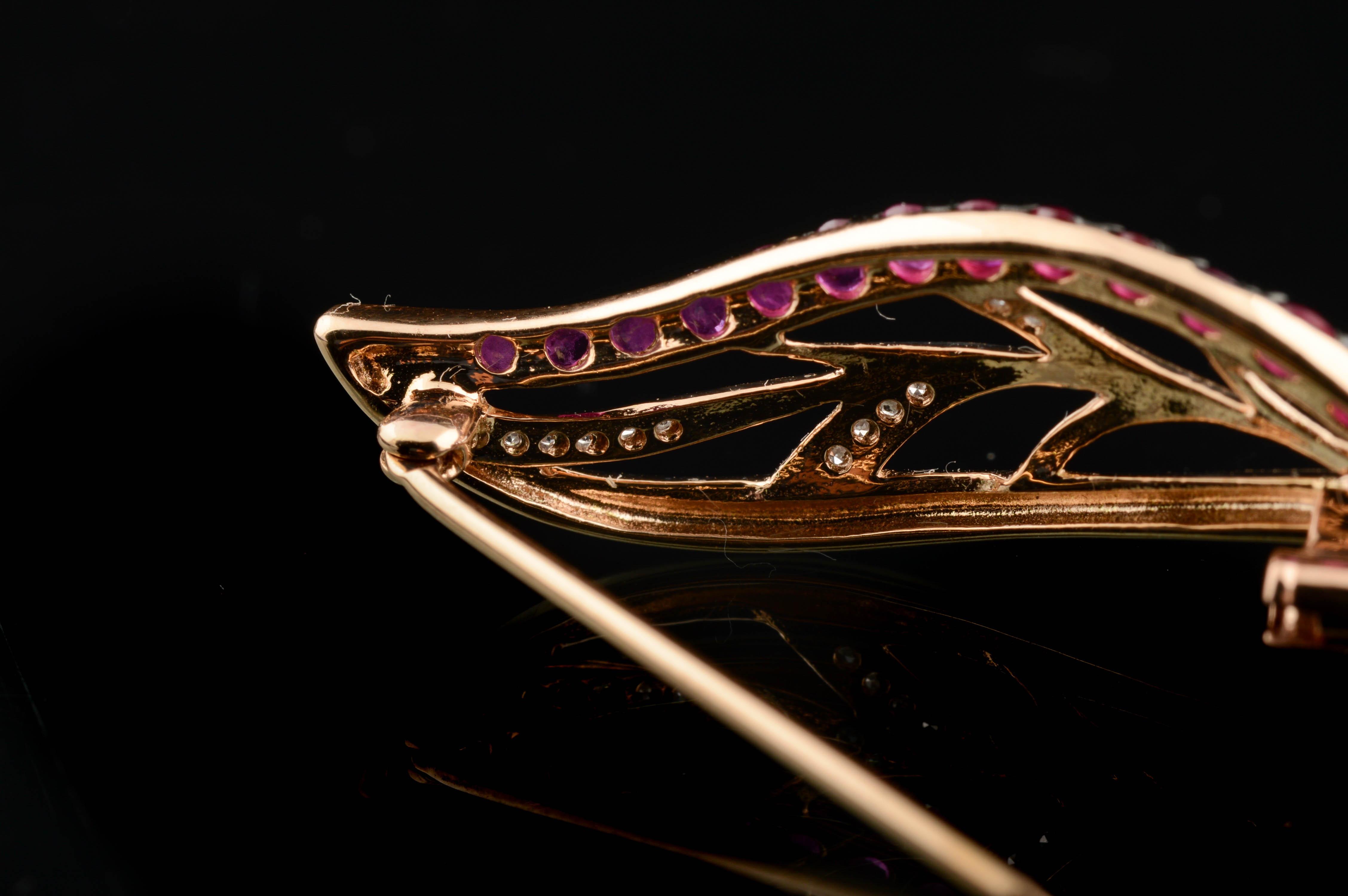 14K Yellow Gold Leaf Pin with Rubies and Diamonds