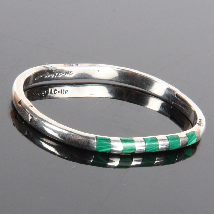 Sterling Silver Bangle Bracelet with Inlaid Malachite
