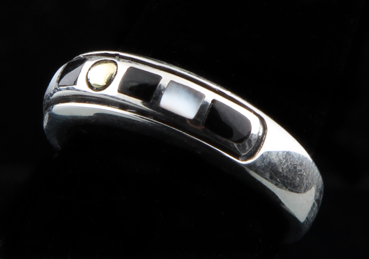 Asch Grossbardt Sterling Silver, 18K Yellow Gold Onyx and Mother of Pearl Ring