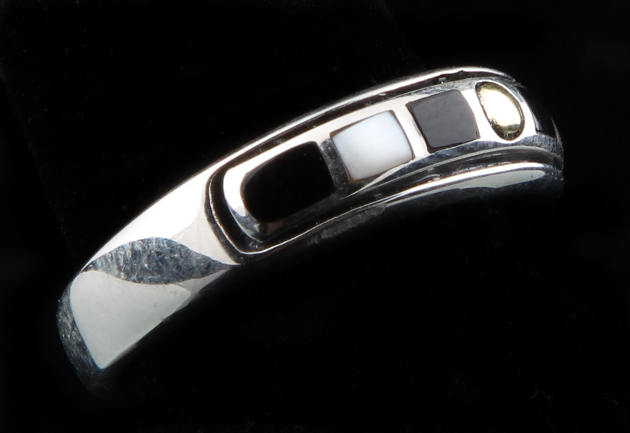 Asch Grossbardt Sterling Silver, 18K Yellow Gold Onyx and Mother of Pearl Ring