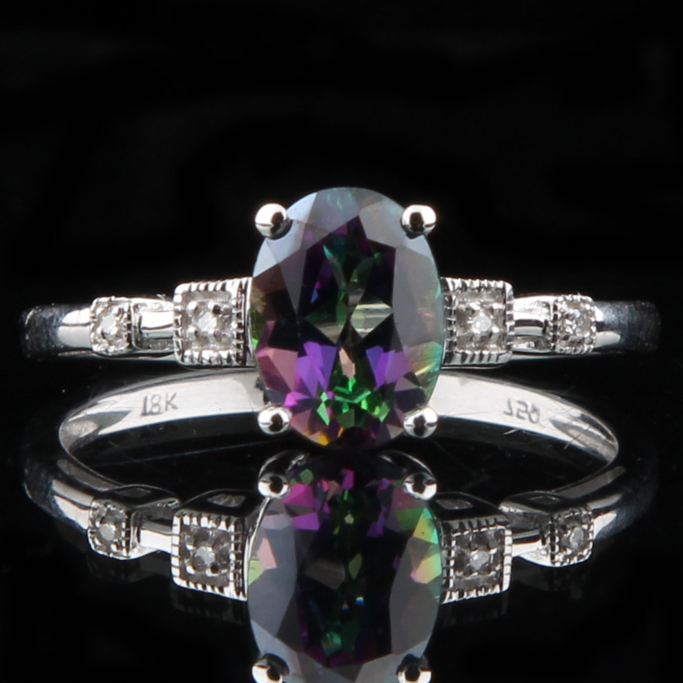 18K White Gold Ring with Mystic Topaz and Diamonds