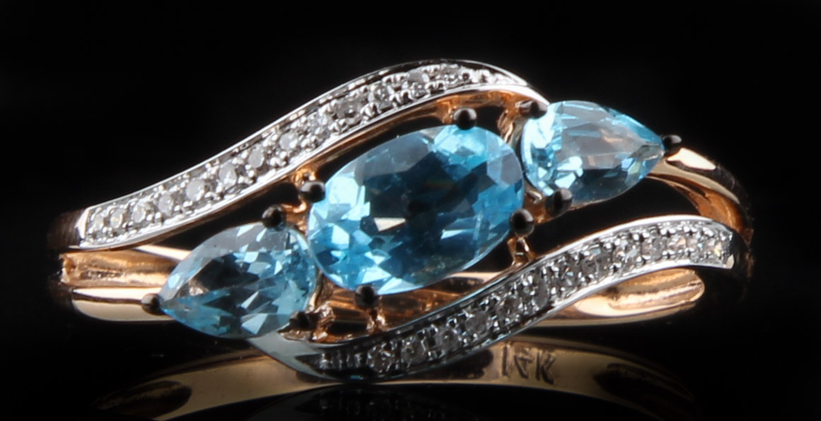 14K Yellow Gold Ring with Blue Topaz and Diamonds