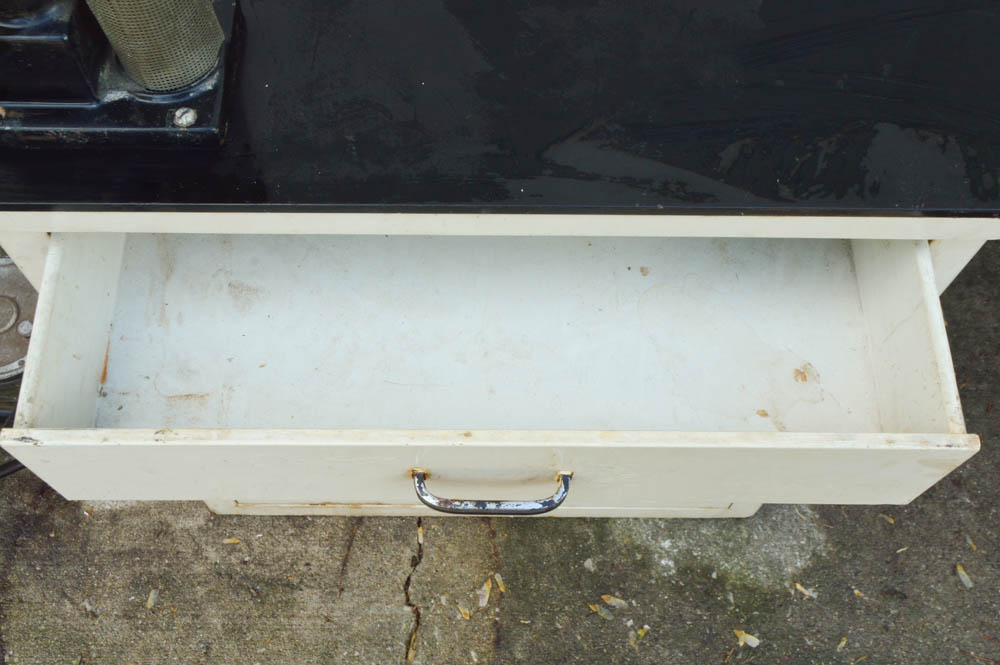 Vintage Metal Cabinet with an Enamel Top and Attached Dentist Drill