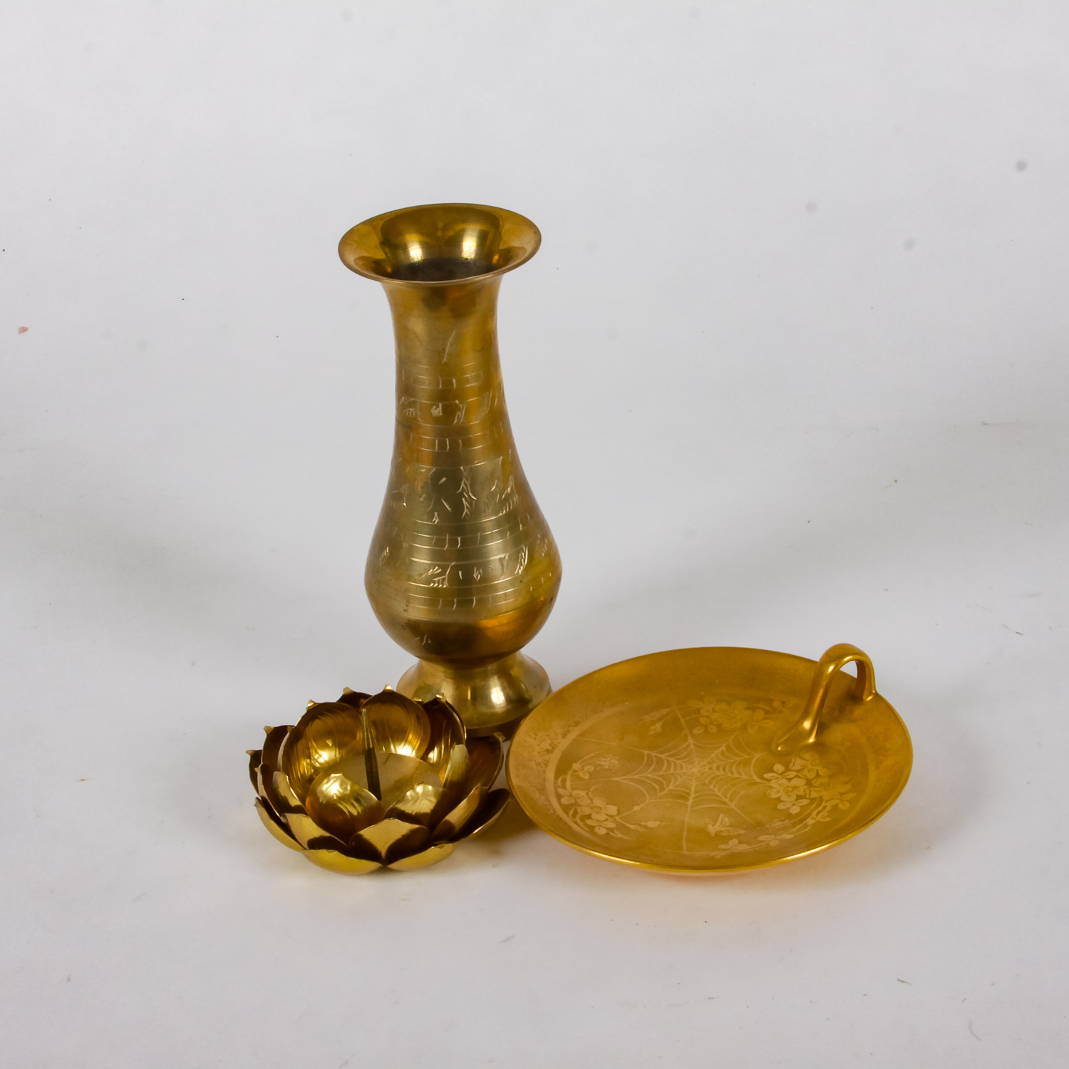 Gilt Finish Porcelain Bon-Bon Dish and Vintage Brass Decorative Ware