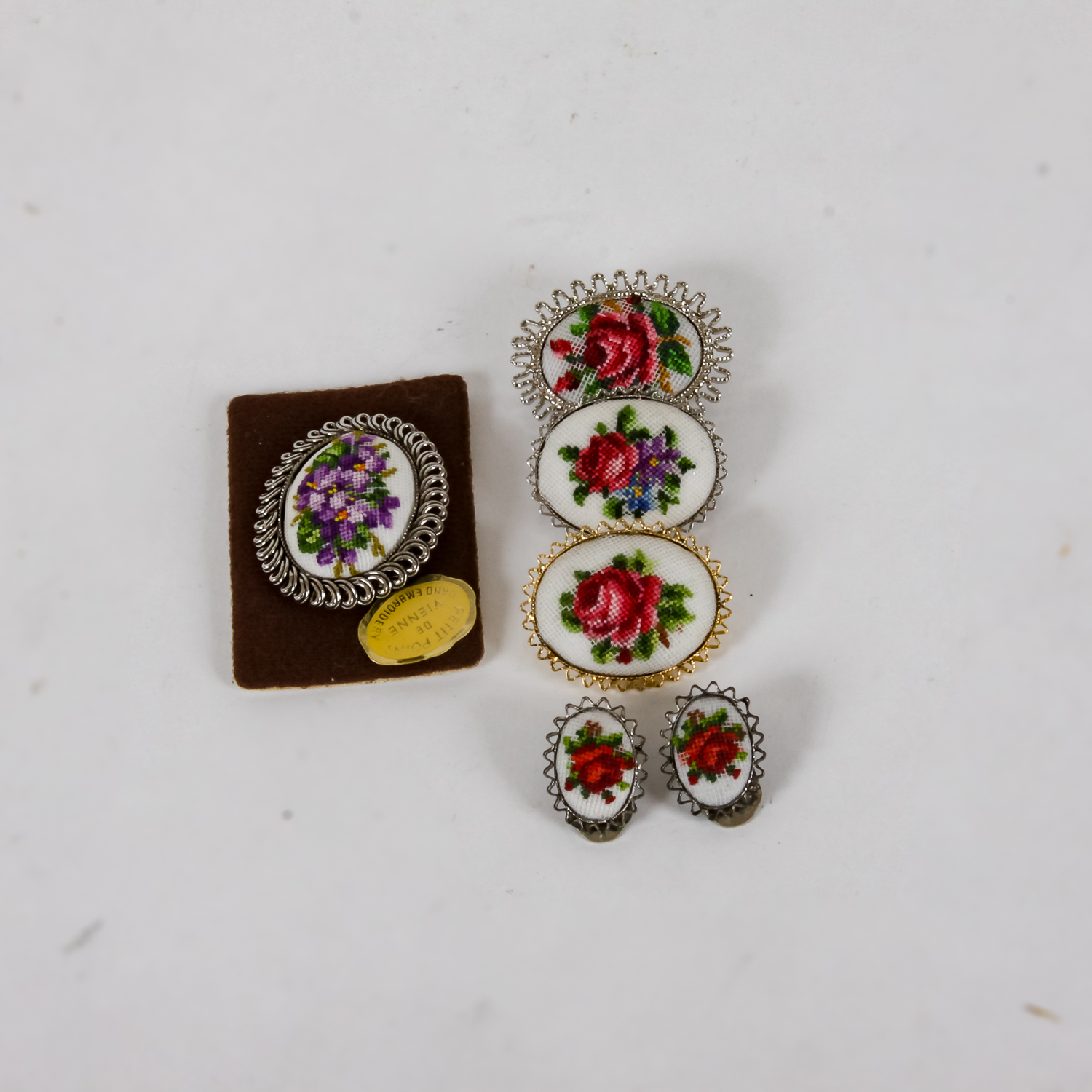 Collection of Hand-Embroidered Floral Brooches and Earrings